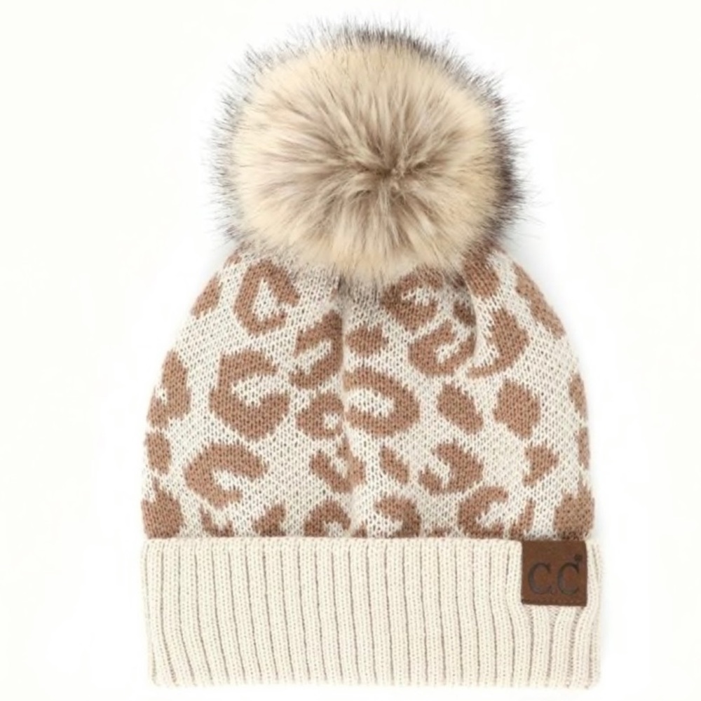 New! C.C Beanie Hat Leopard Print Knit Faux Fur Pom Warm Winter Hat - Picture 6 of 7